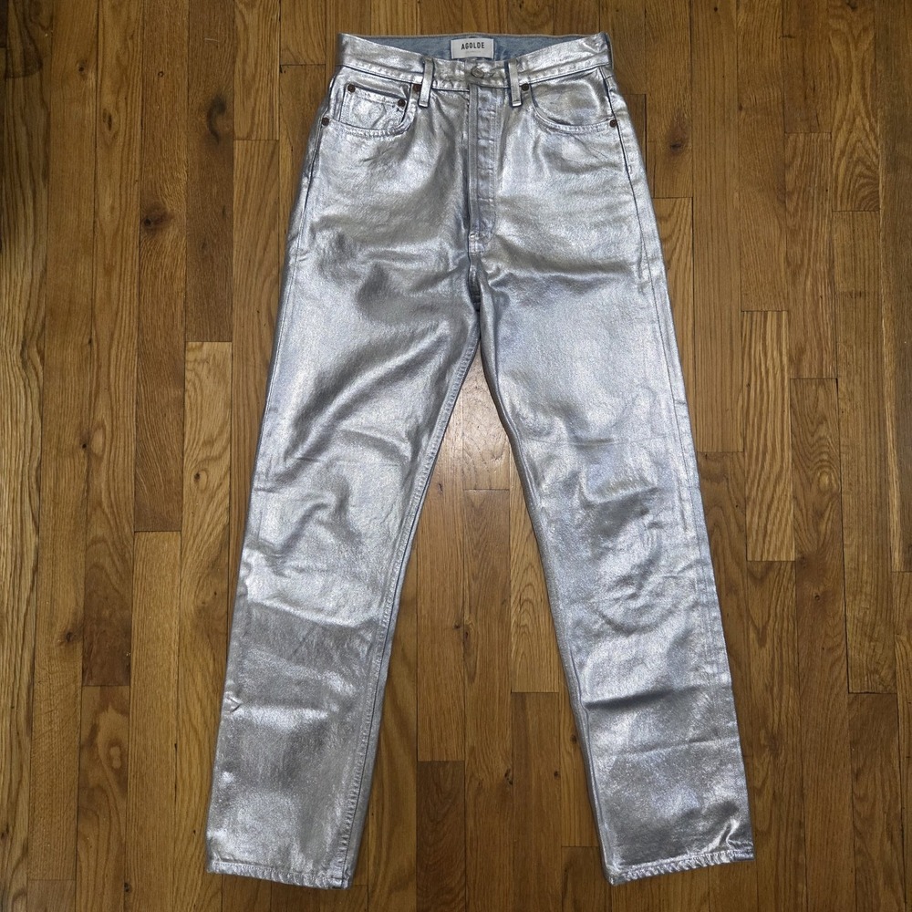 Agolde Jeans Women Sz 25 90s Pinch High Rise Metallic Silver Tin Foil USA MADE